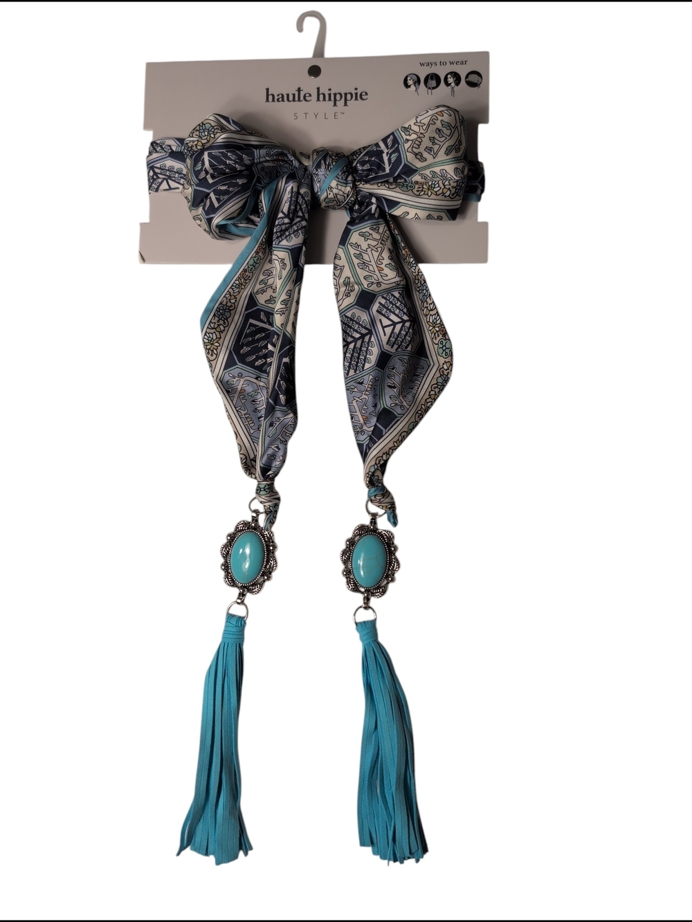 New Haute Hippie Style Scarf Tie Turquoise Tassels Purse Neck Hat Silver